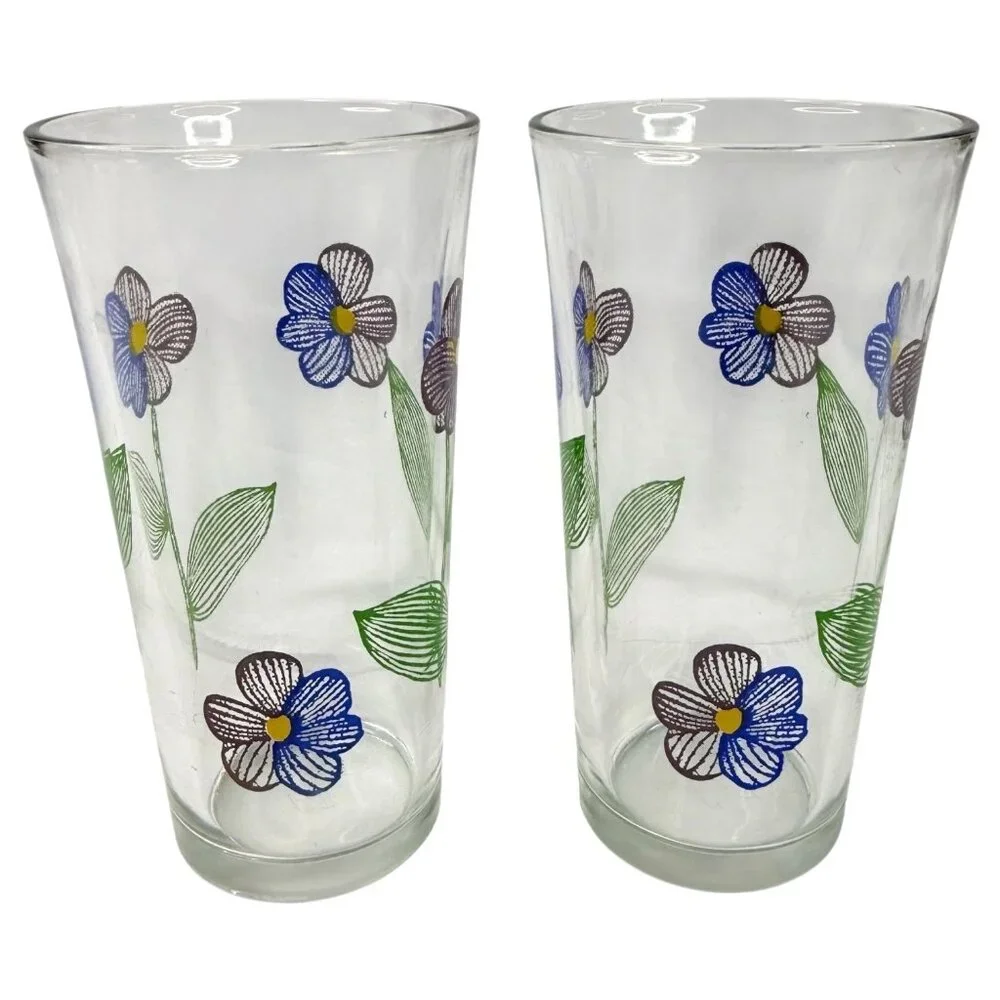 Set Of 2 Floral Glass Tumblers Blue & Purple Flowers Beverage Drinking MCM Clear